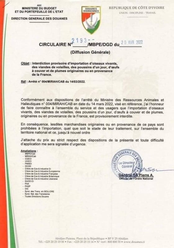 Alerte Côte d’Ivoire : Oiseaux et viandes de volailles en provenance de France sont interdits