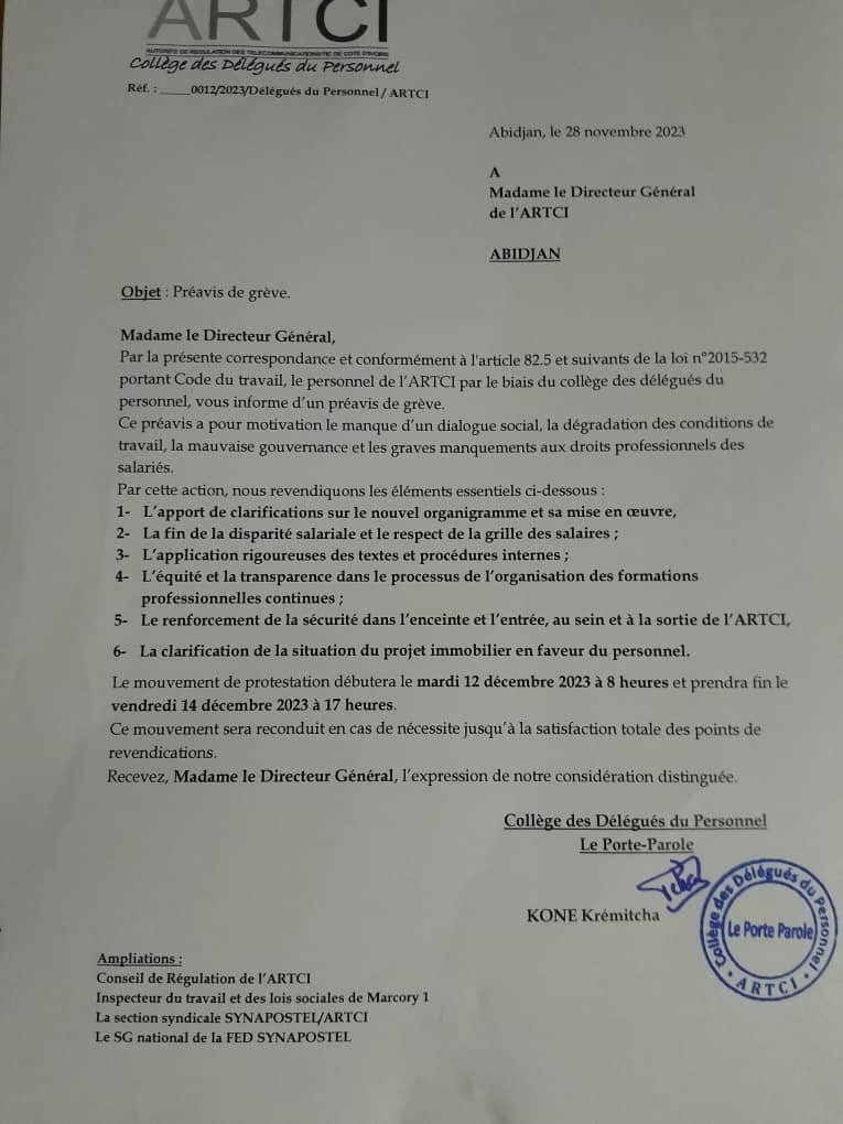ARTCI : Le torchon brûle entre le personnel et la DG, un préavis de grève déposé